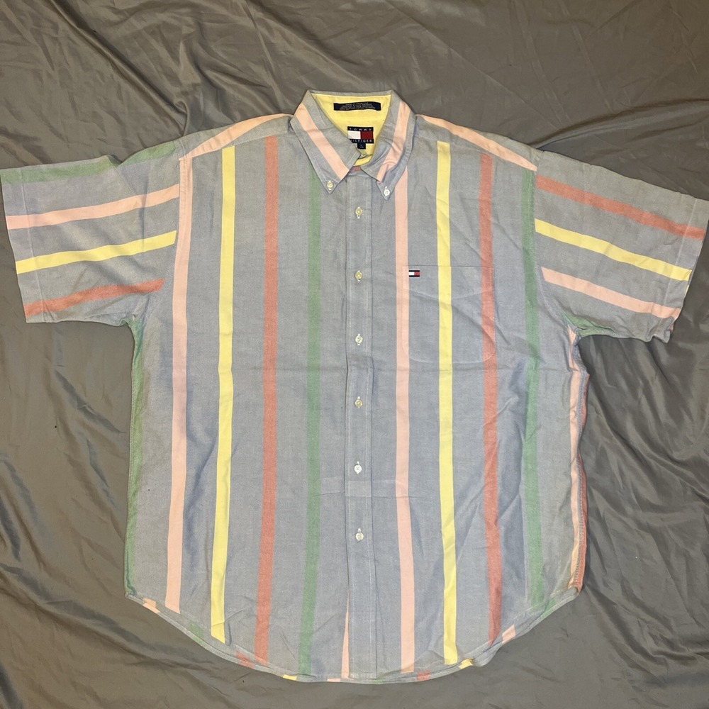 Tommy Hilfiger Blue Striped Men's Collar‎ Polo Vintage Button-Up Size L